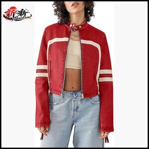 Faux Leather Cropped Motocross Jacket with Stand Collar and Zip Up
